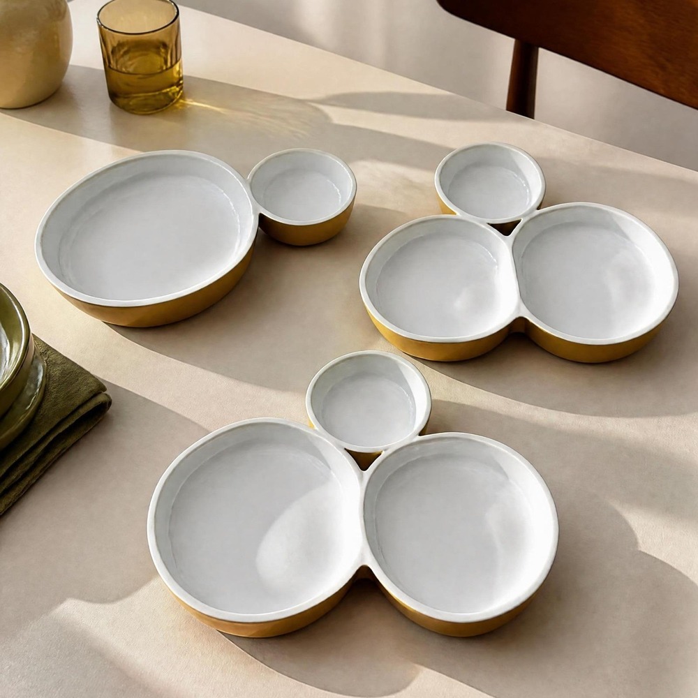 Vintage MCM Enamel Divided Serving Trays Set of 3 Yellow Gold White Sectioned